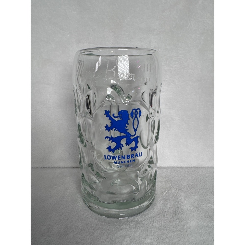 Vintage Lowenbrau Dimpled Glass Mug LITER Oktoberfest 80s German Beer Hall Clear